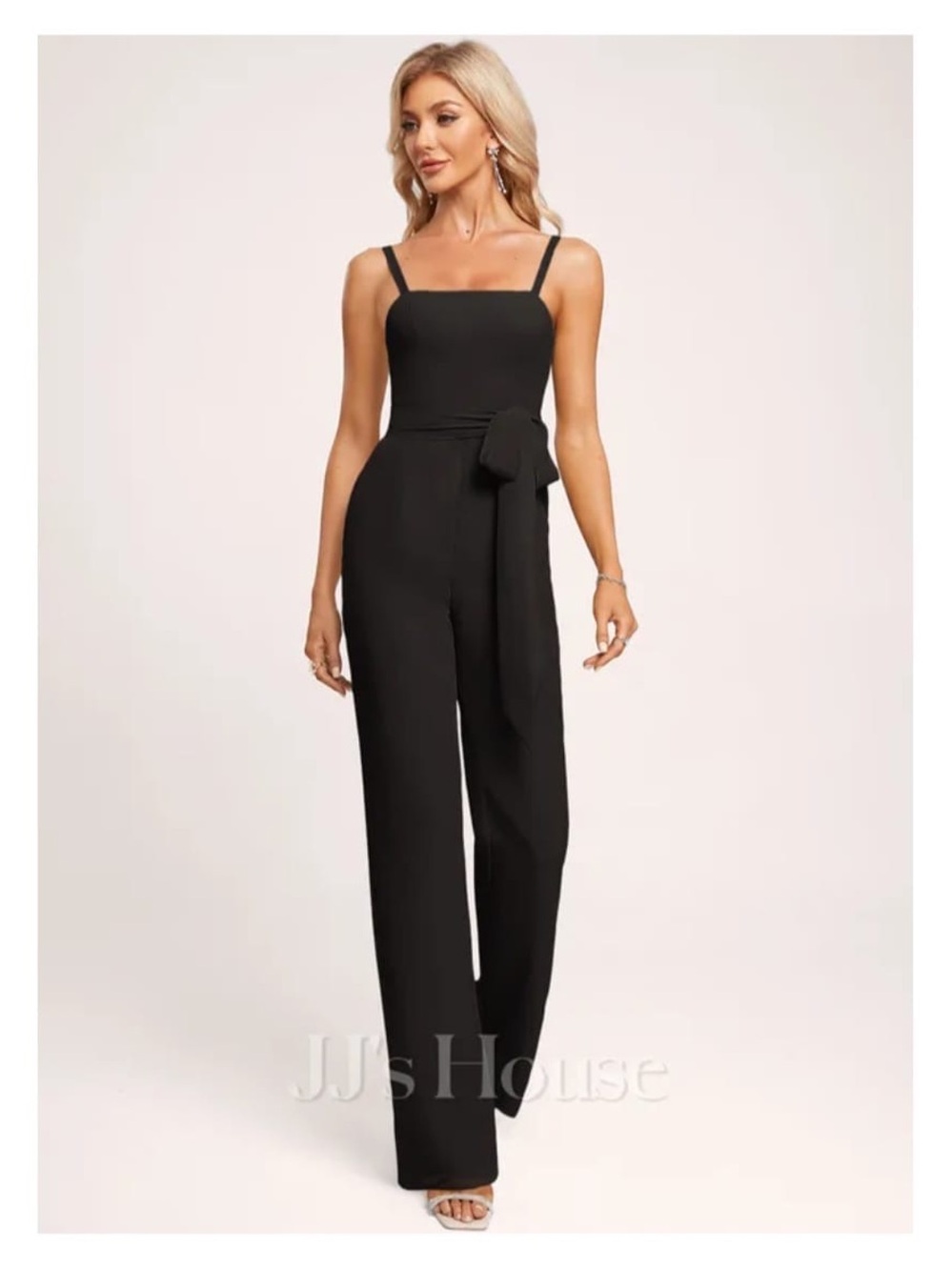 JJs House Black Square-Neck Wide-Leg Jumpsuit with Waist Tie Accent